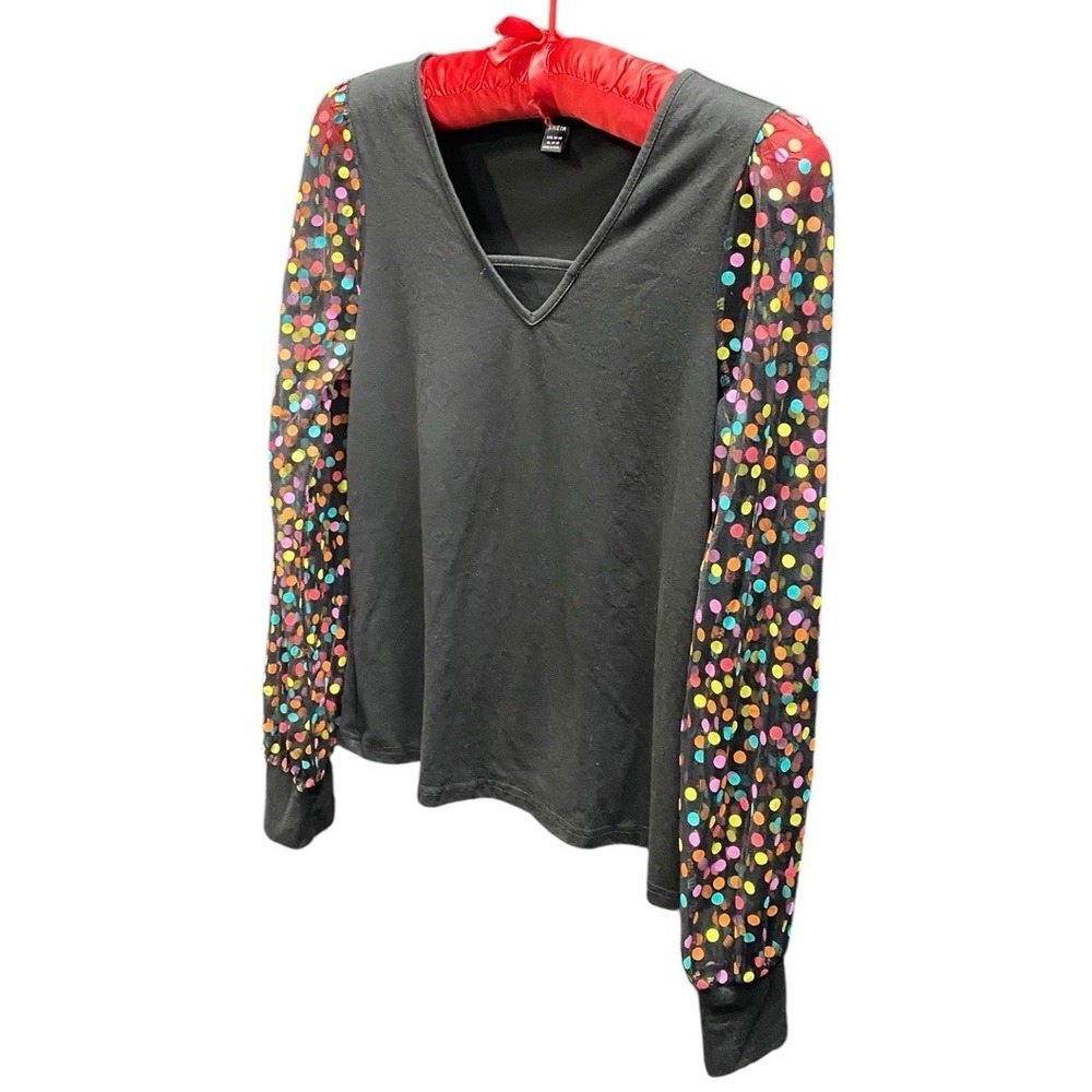 Shein Top Womens XL Black V Neck Colorful Polka Dot Sleeve Blouse - Picture 2 of 9